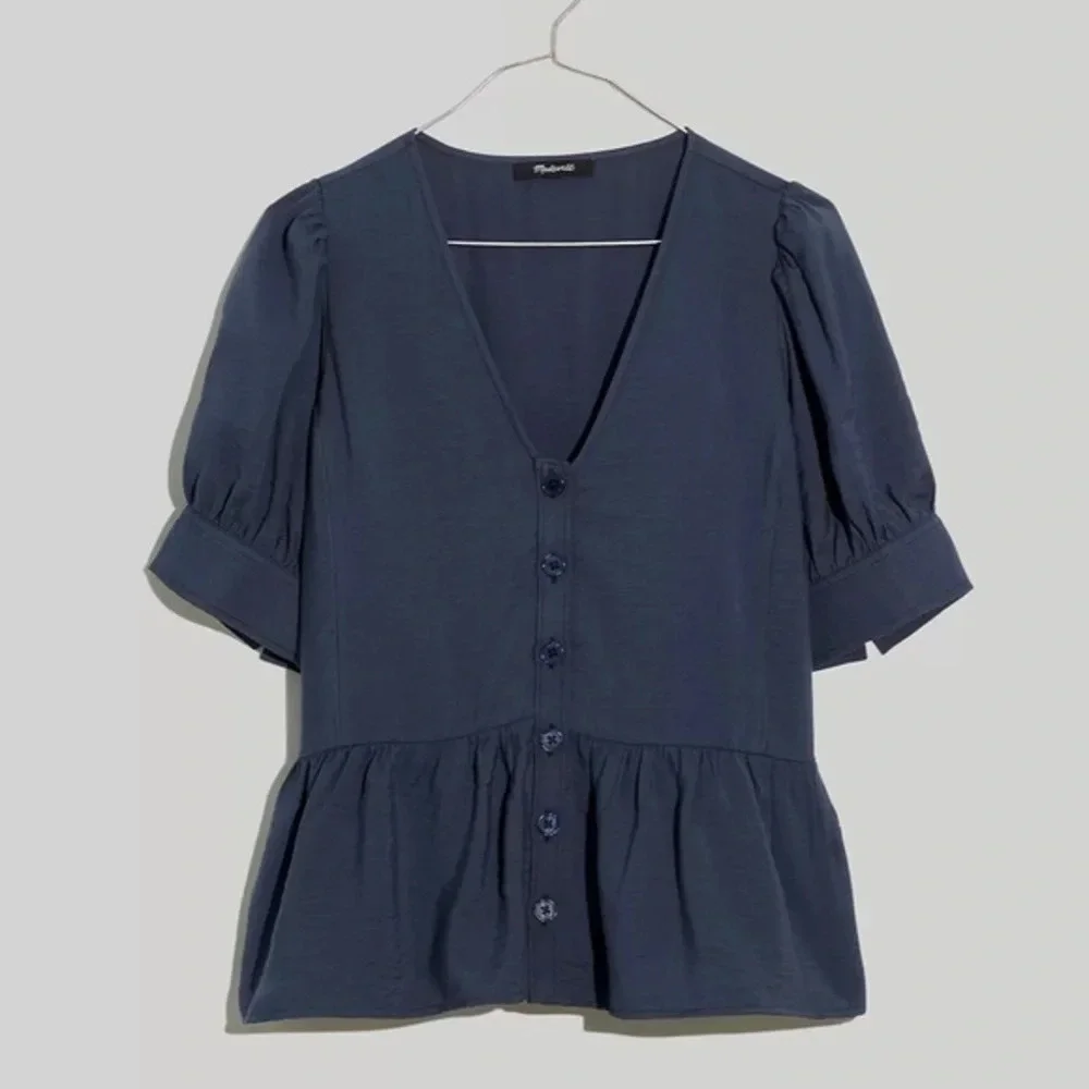 New Madewell Drapeweave Puff-Sleeve Peplum Top XS Dark Baltic